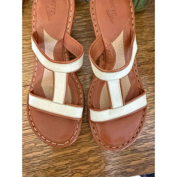 Born Drilles Camel & Ecru Lthr & Jute Wedge Sandals Sz9/9.5 NWOB Classic/Summer - Picture 10 of 14